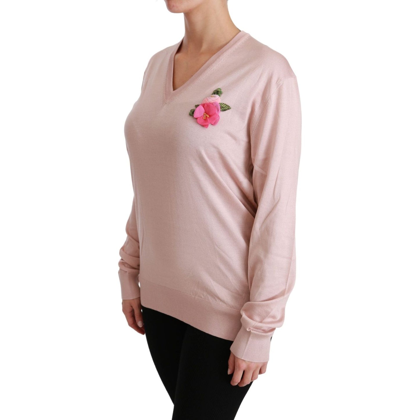 Dolce & Gabbana Pink Floral Embellished Pullover Silk Sweater