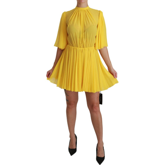 Dolce & Gabbana Yellow Pleated A-line Mini 100% Silk Dress