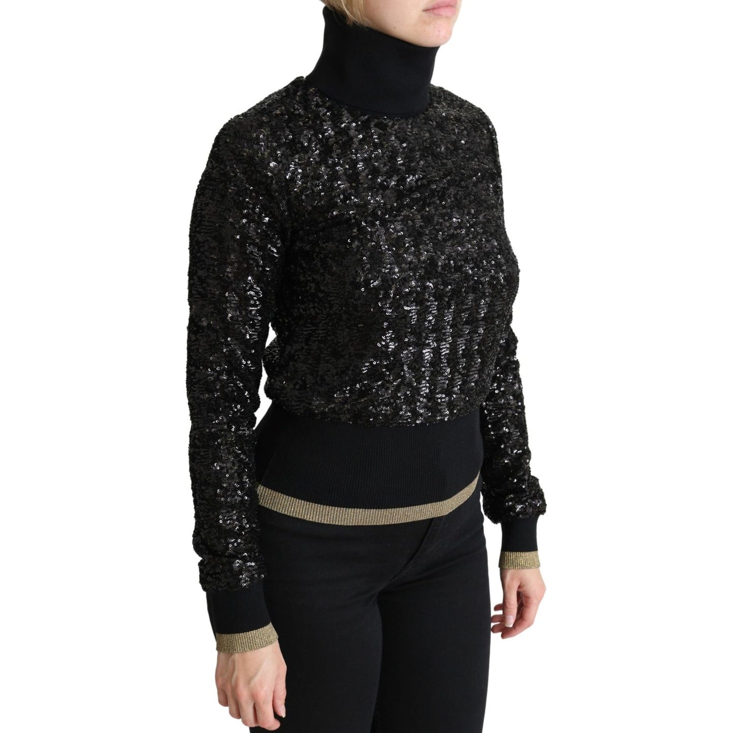 Dolce & Gabbana Black Sequined Knitted Turtle Neck Sweater TSH5350-38