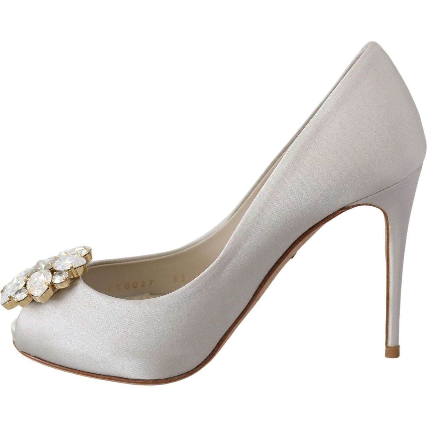 Dolce & Gabbana White Crystals Peep Toe Heels Satin Pumps Shoes