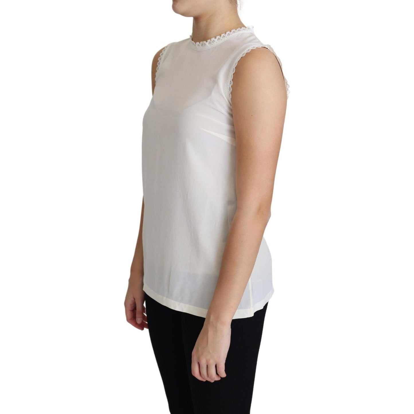 Dolce & Gabbana White Blouse Silk Lace Trimmed Sleeveless Top