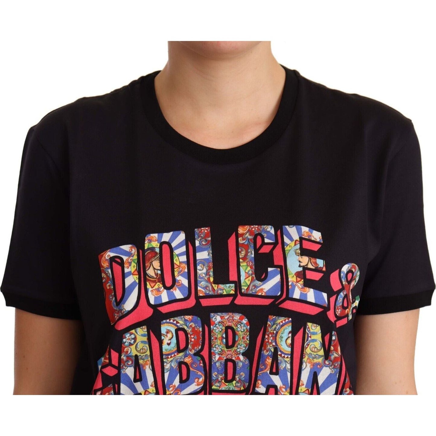 Dolce & Gabbana Black Cotton Large Print Top Crewneck T-shirt TSH6668 -44