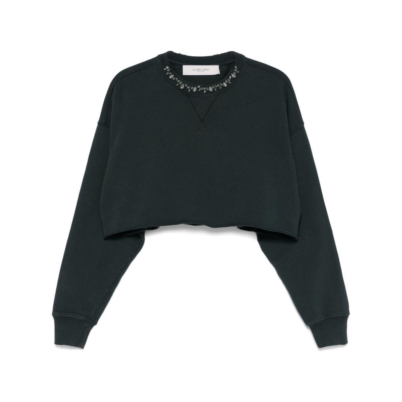 Golden Goose Cropped Cotton Sweatshirt with Crystals on the Front GWP02203P00189690456-P25