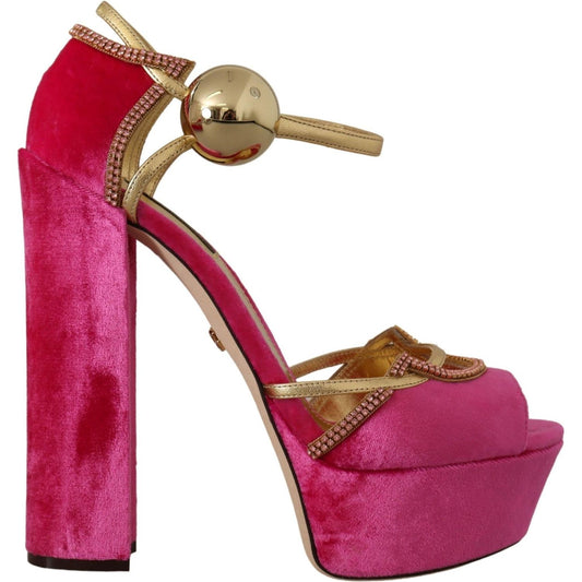 Dolce & Gabbana Pink Velvet Crystal Ankle Strap Sandals Shoes