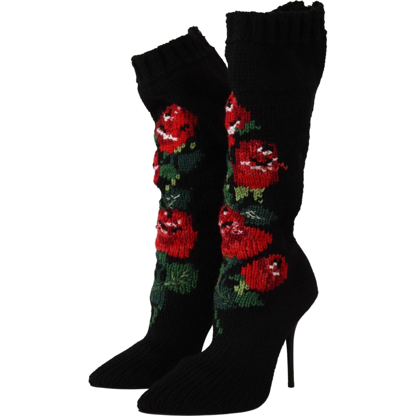 Dolce & Gabbana Black Stretch Socks Red Roses Booties Shoes LA9814- 35.5