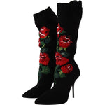Dolce & Gabbana Black Stretch Socks Red Roses Booties Shoes LA9814- 35.5