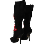 Dolce & Gabbana Black Stretch Socks Red Roses Booties Shoes LA9814- 35.5