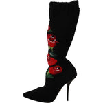Dolce & Gabbana Black Stretch Socks Red Roses Booties Shoes LA9814- 35.5