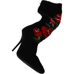 Dolce & Gabbana Black Stretch Socks Red Roses Booties Shoes LA9814- 35.5