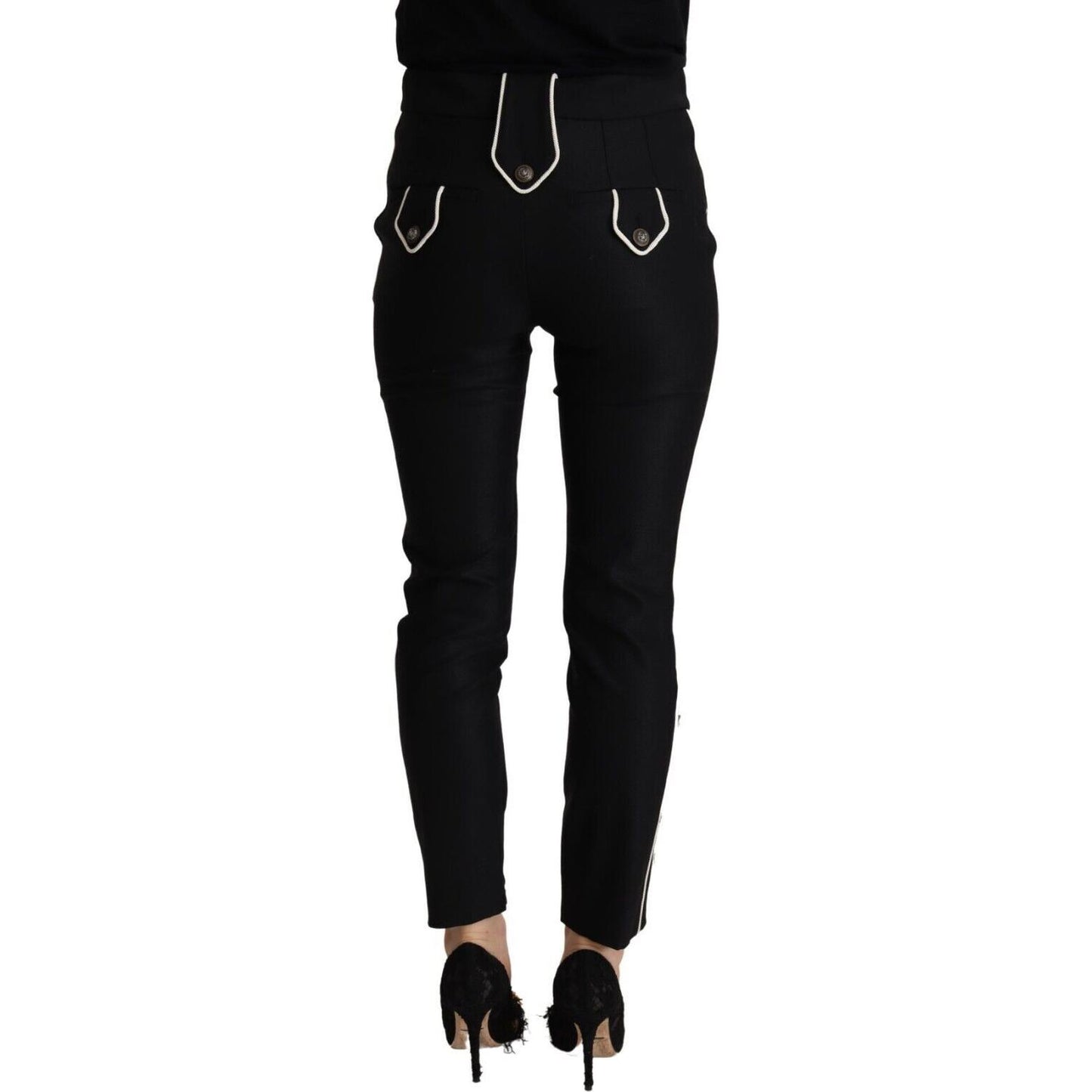 Dolce & Gabbana Black Mid Waist Button Embellished Slim Fit Pants PAN72825 - 40