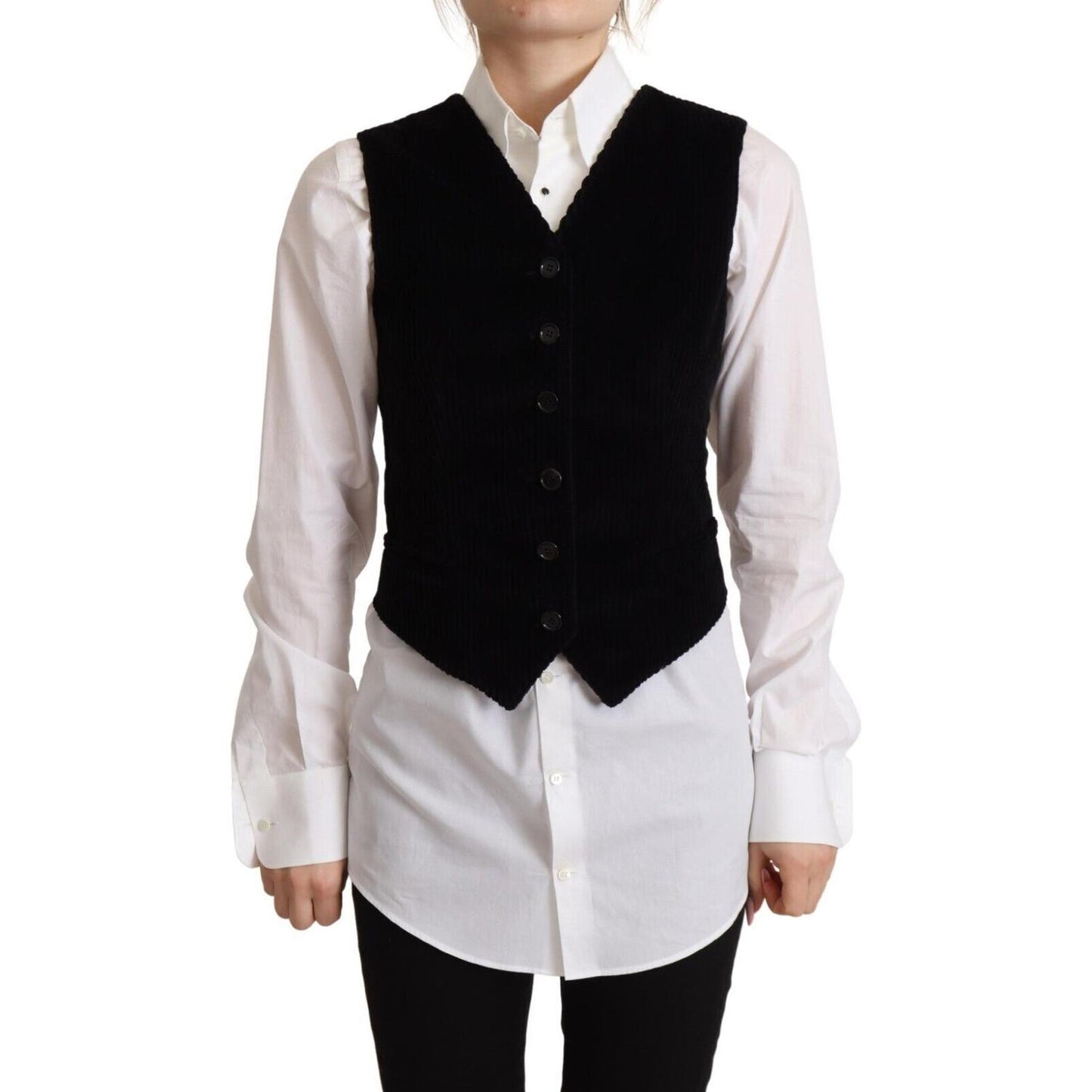 Dolce & Gabbana Black V-neck Leopard Corduroy Button Vest Top TSH7621 - 40