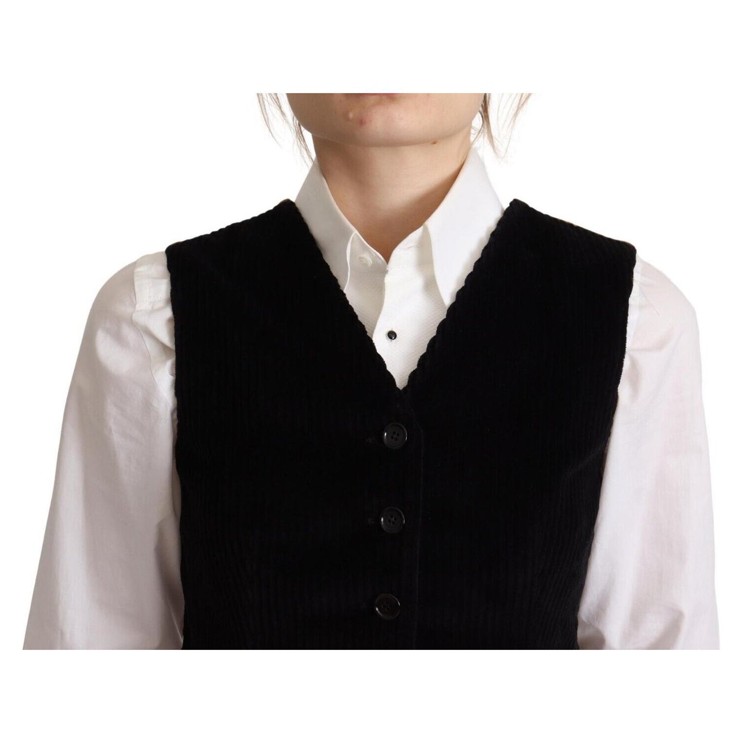 Dolce & Gabbana Black V-neck Leopard Corduroy Button Vest Top TSH7621 - 40