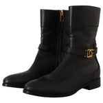 Dolce & Gabbana Black Leather Flats Logo Short Boots Shoes LA9856 - 36