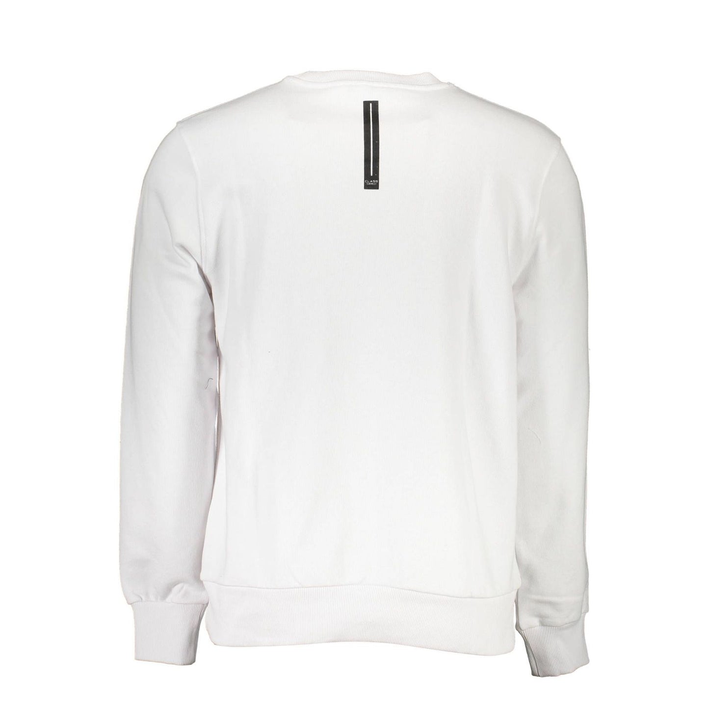 Cavalli Class White Cotton Men Sweater with logo, back view showcasing long sleeves and modern design for stylish comfort.
