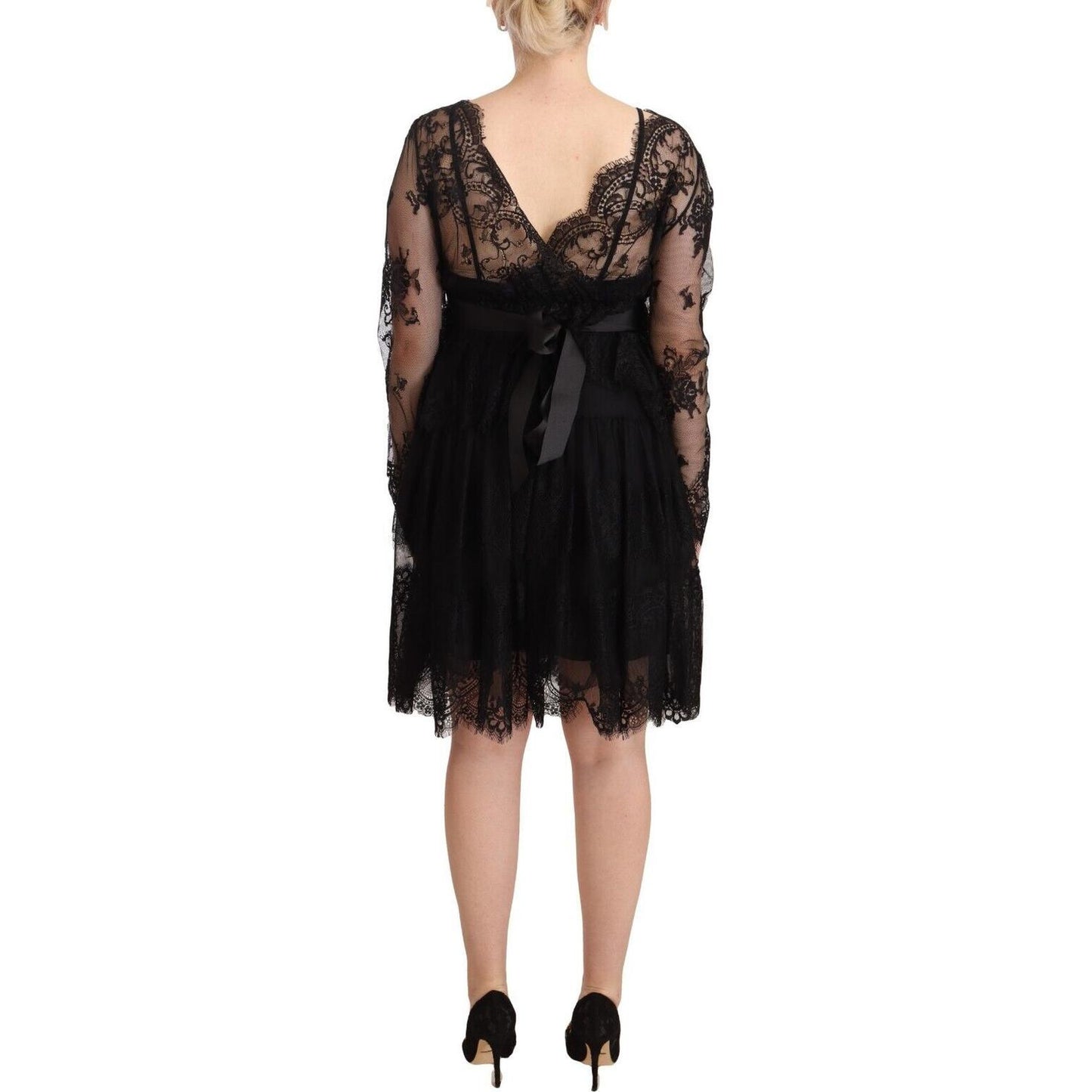 Aniye By Black Floral Lace Cotton Long Sleeves V-neck Shift Dress DR28361 - 44