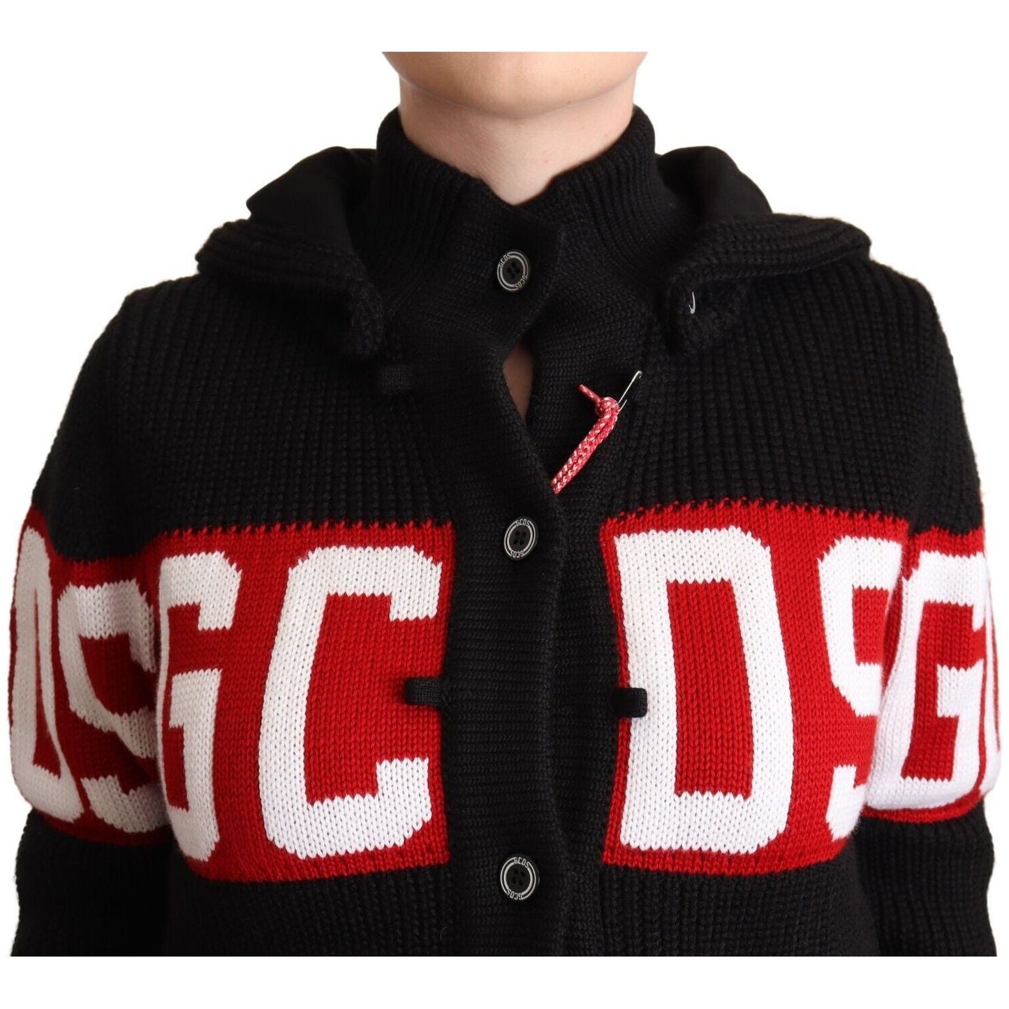 GCDS Black Cashmere Hooded Button Down Logo Cardigan Jacket JKT3064 - 40