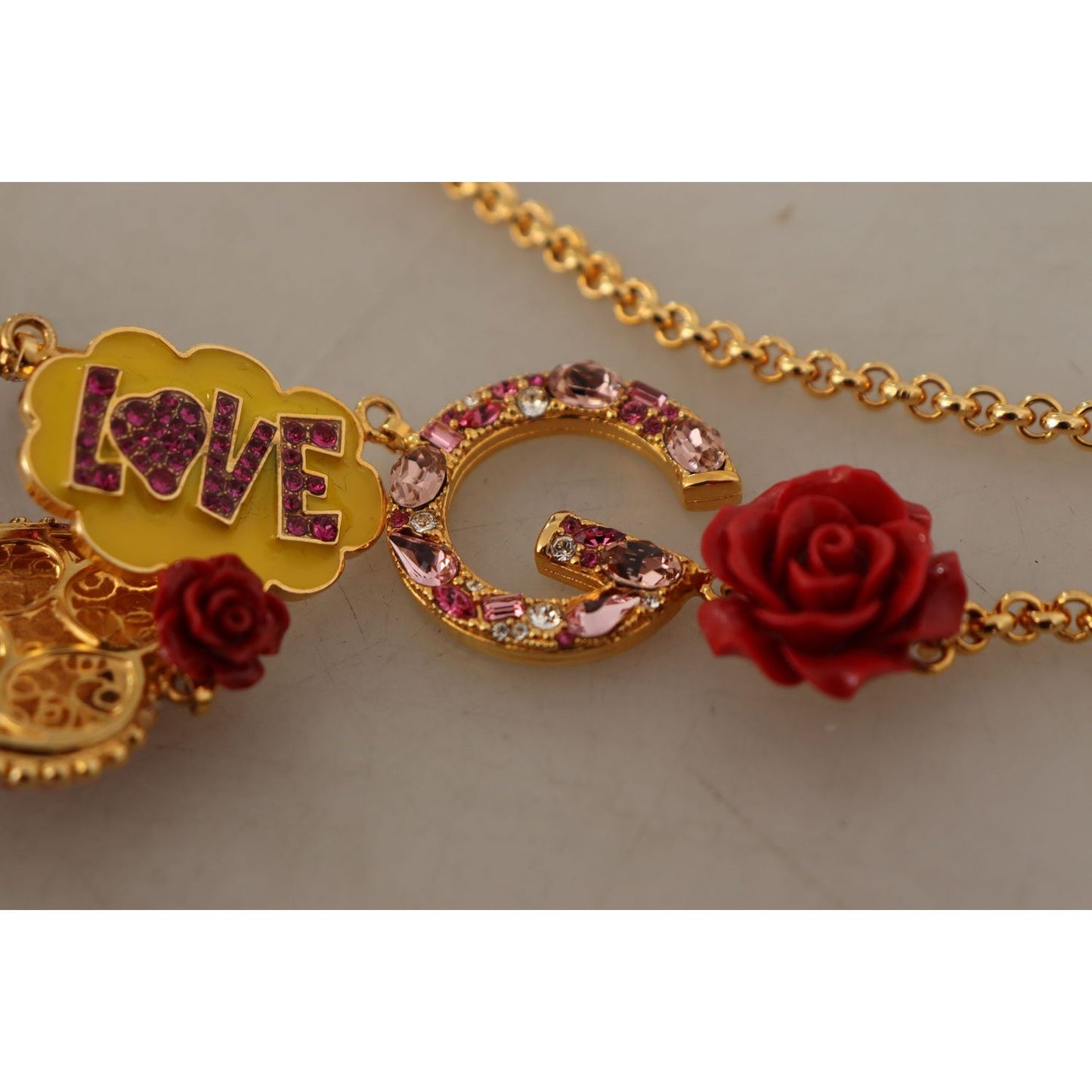 Dolce & Gabbana Gold Rose Love Crystal Charm Chain Necklace SMY100895
