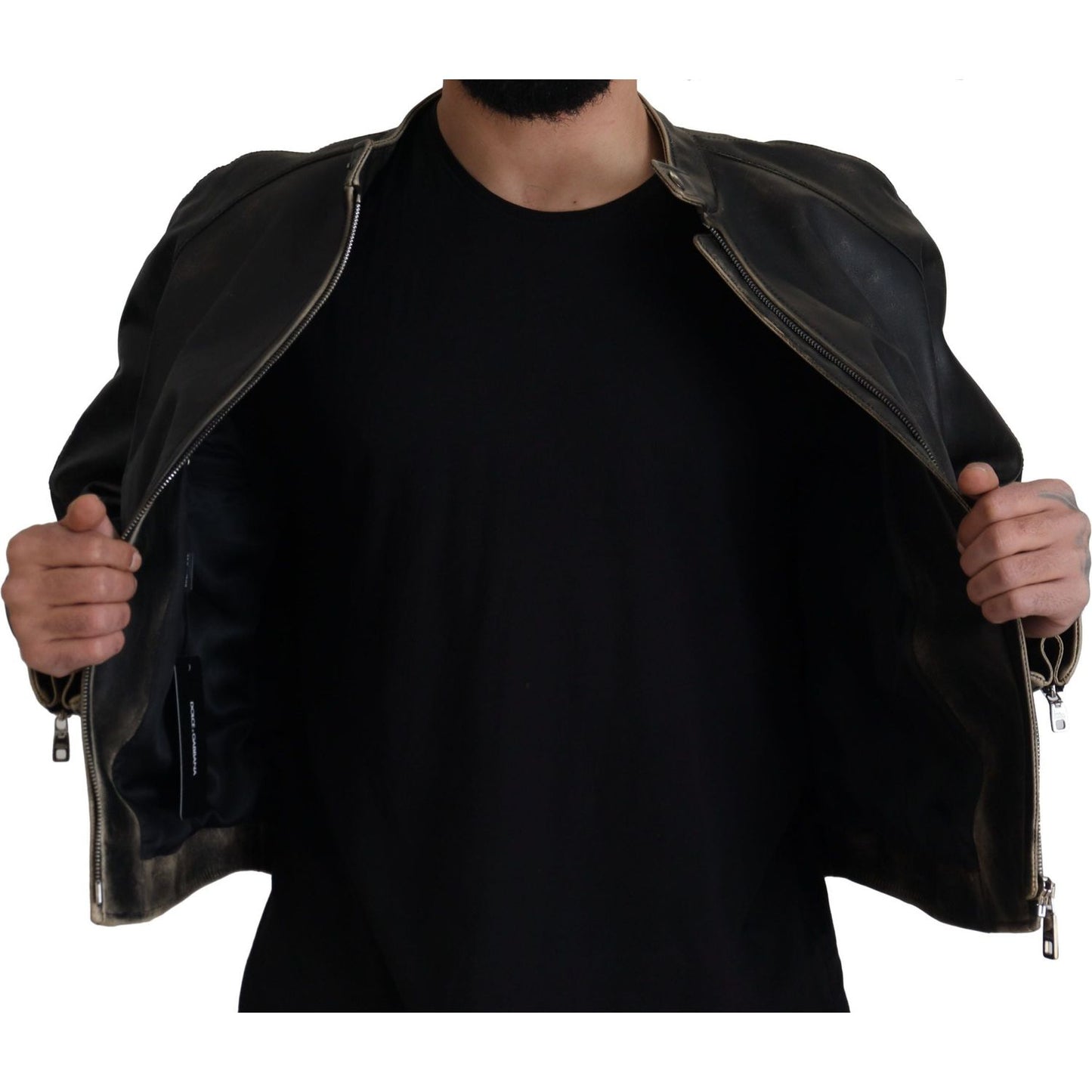 Dolce & Gabbana Black Leather Zipper Biker Coat Jacket JKT3331- 54