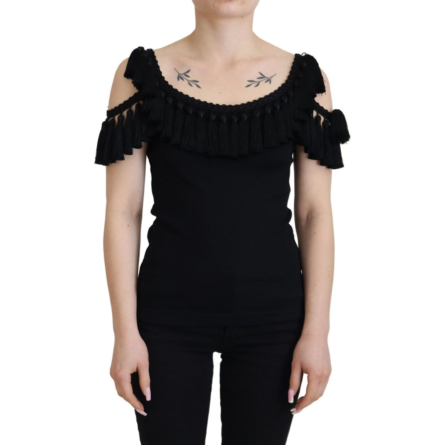 Dolce & Gabbana Black Tank Top Blouse Tassle Cotton Blouse TSH83190- 38