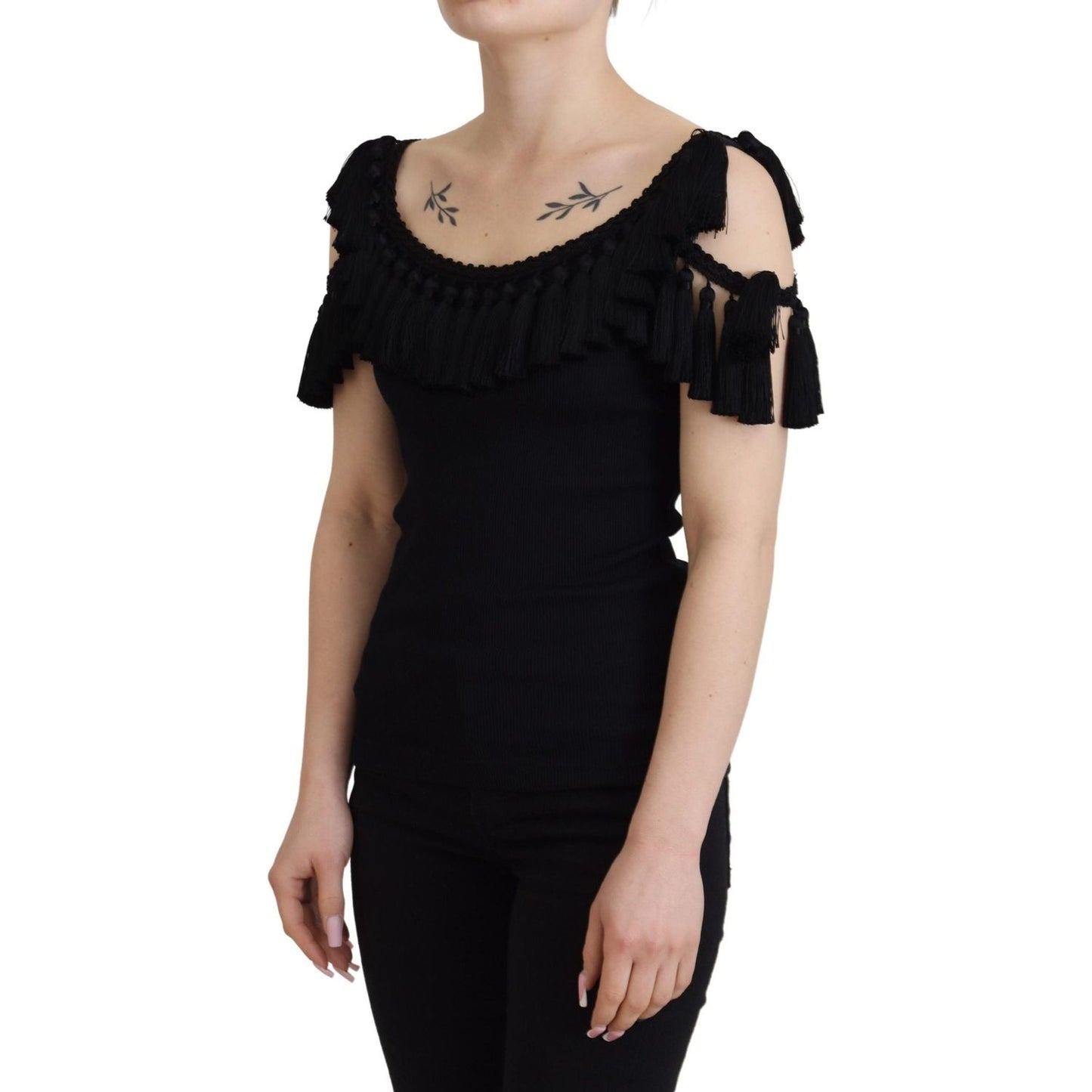 Dolce & Gabbana Black Tank Top Blouse Tassle Cotton Blouse TSH83190- 38