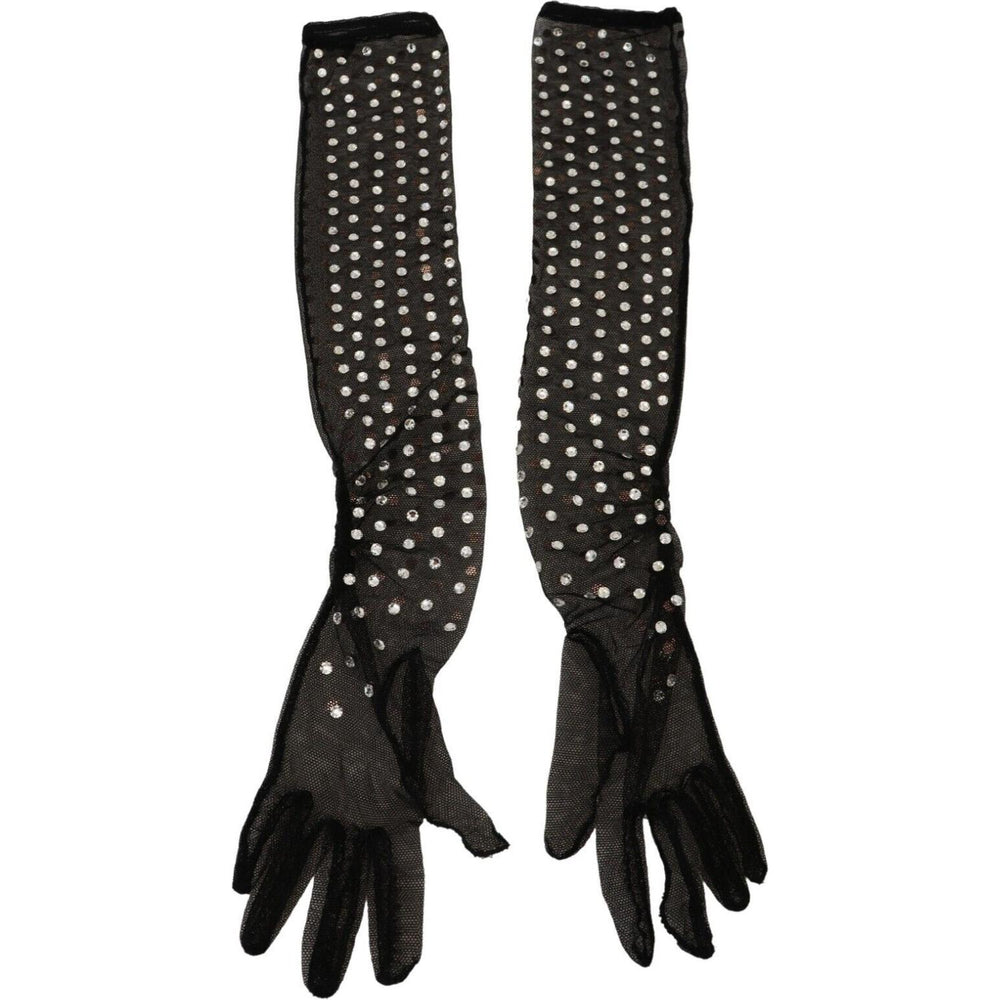 Dolce & Gabbana Black Crystal Elbow Length Cotton Tulle Gloves LB3093 - 7.5