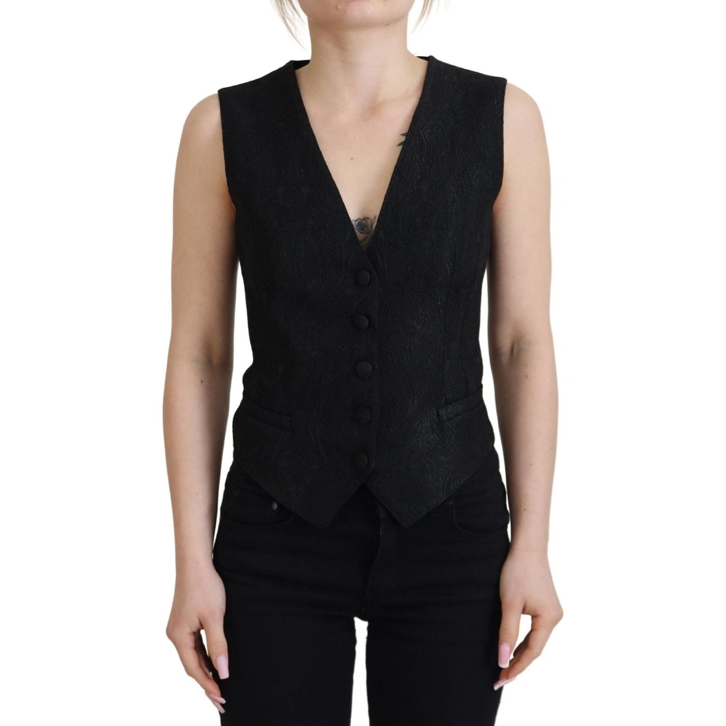 Dolce & Gabbana Black Brocade Button Down Sleeveless Vest Top TSH83311 - 40