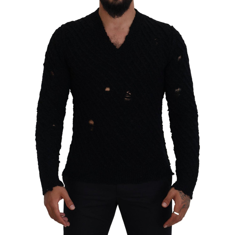 Dolce & Gabbana Black Wool V-neck Knitted Pullover Sweater TSH83648-44