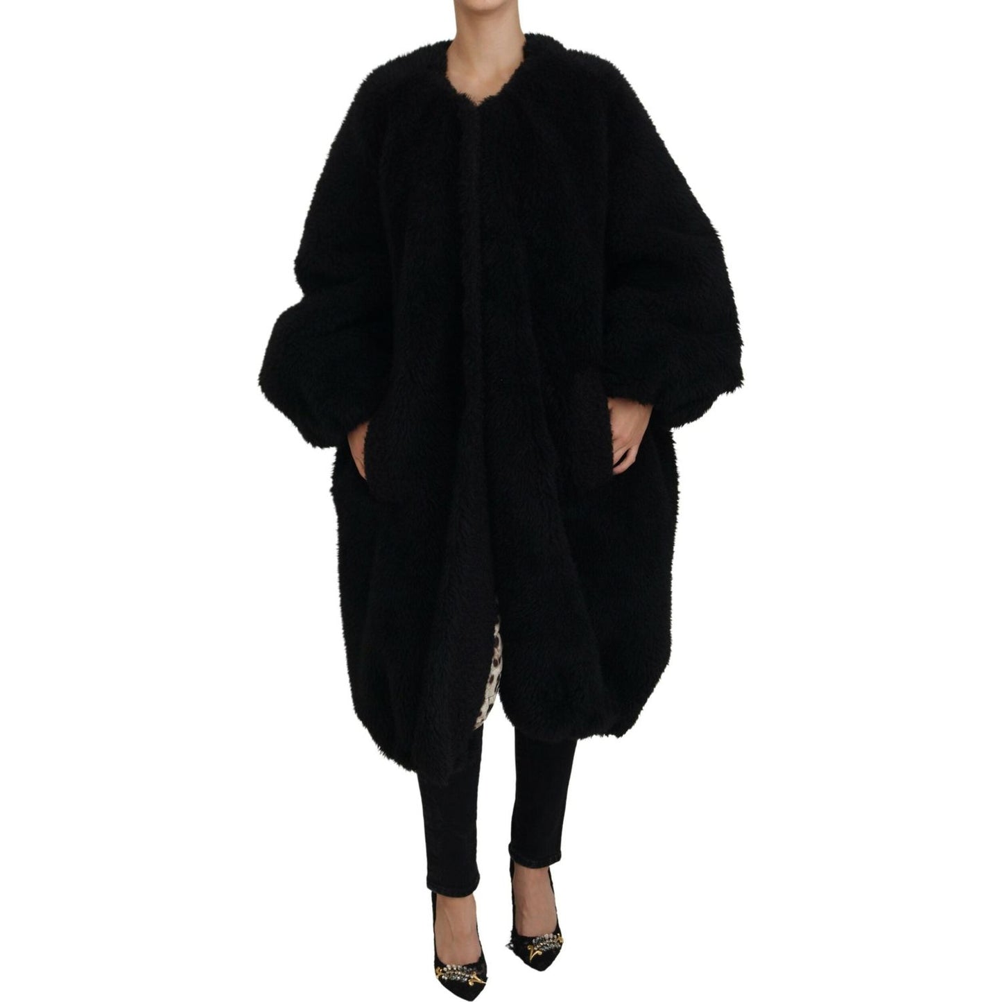 Dolce & Gabbana Black Cashmere Blend Faux Fur Coat Jacket JKT3500- 40