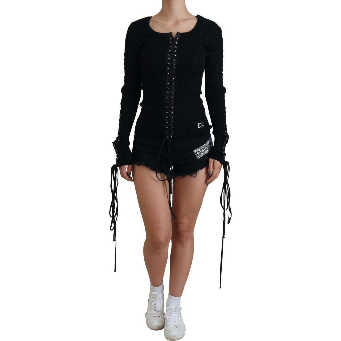 Dolce & Gabbana Black Wool Knitted Tie Up Slim Fit Sweater