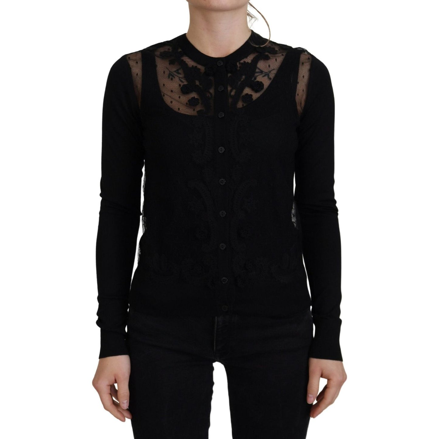 Dolce & Gabbana Black Floral Lace Button Cardigan Sweater TSH83743- 38
