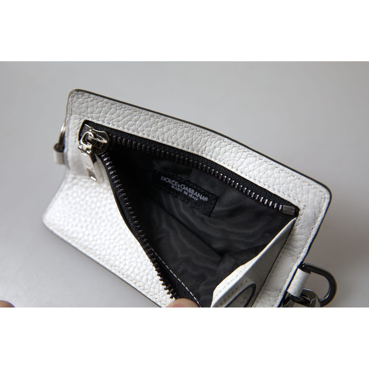 Dolce & Gabbana White Leather Lanyard Logo Card Holder Men Wallet