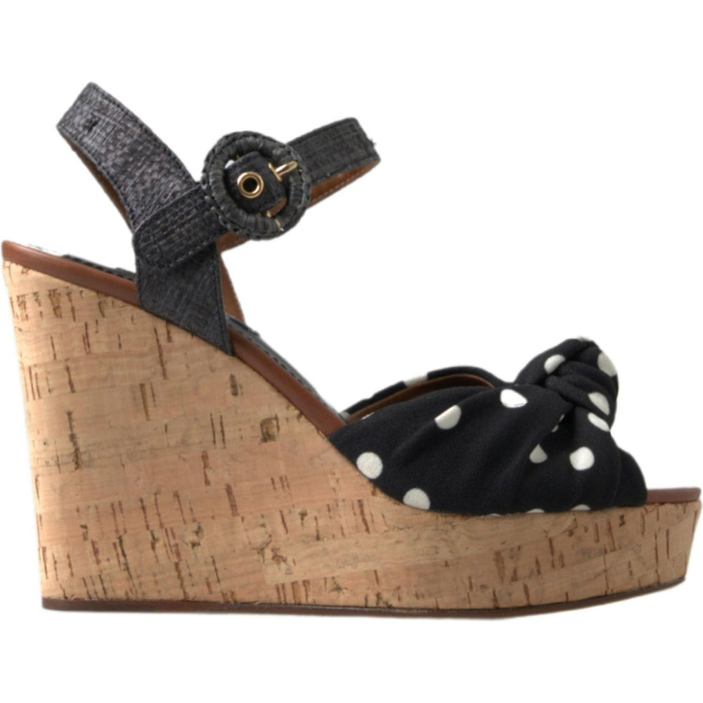 Dolce & Gabbana Black Wedges Polka Dotted Ankle Strap Shoes Sandals LA10239-35.5