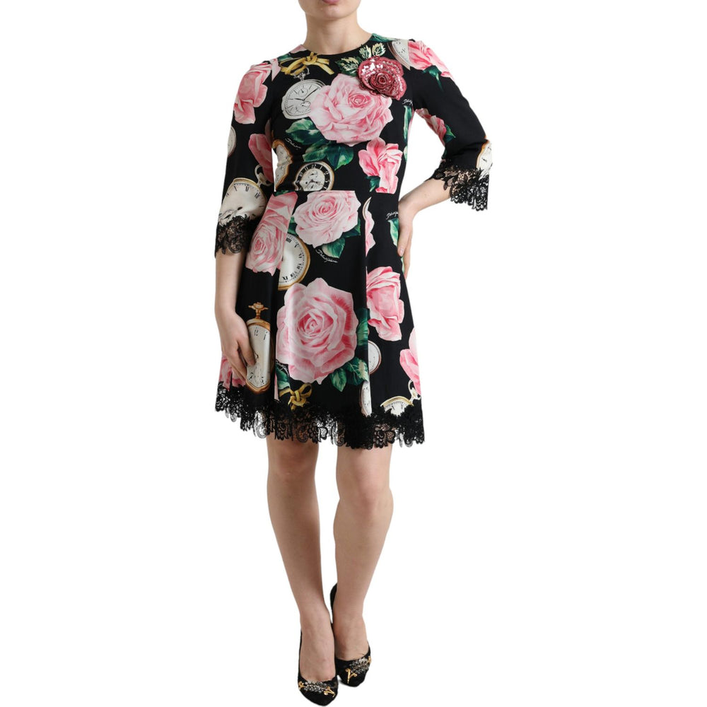 Dolce & Gabbana Black Floral Embellished Lace A-line Dress DR281024-40
