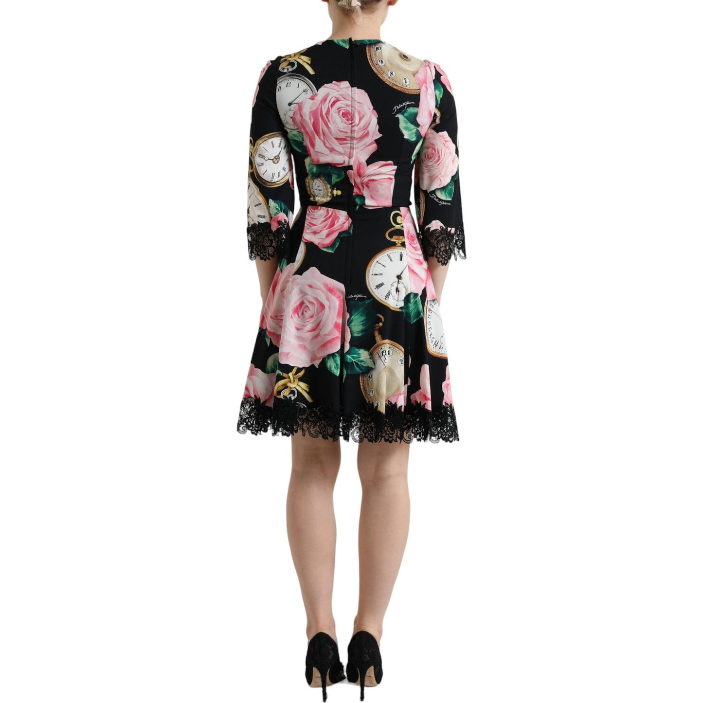 Dolce & Gabbana Black Floral Embellished Lace A-line Dress DR281024-40