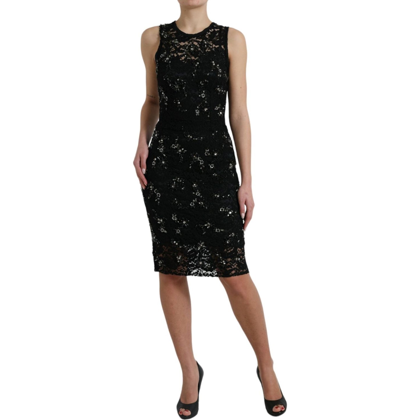 Dolce & Gabbana Black Floral Lace Crystal Sheath Dress GSD12635-40