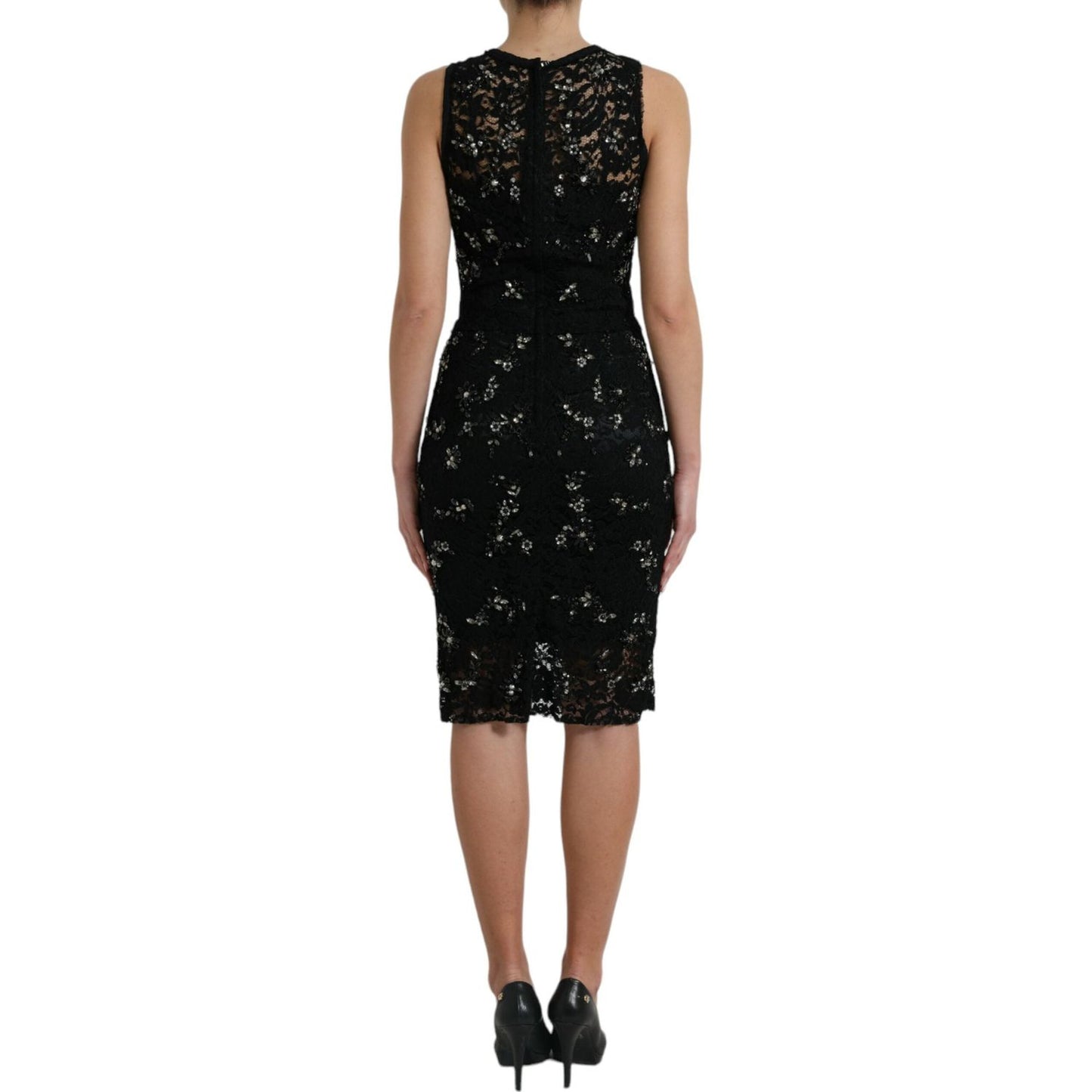 Dolce & Gabbana Black Floral Lace Crystal Sheath Dress GSD12635-40