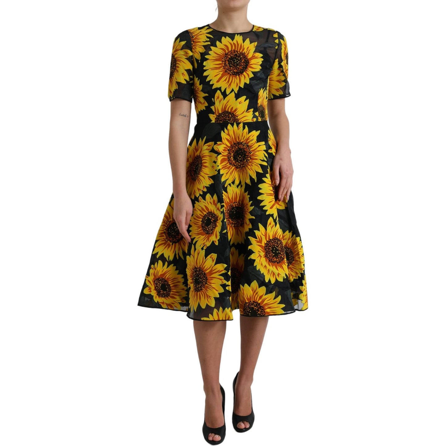 Dolce & Gabbana Black Sunflower Print Nylon A-line Midi Dress DR28941-42