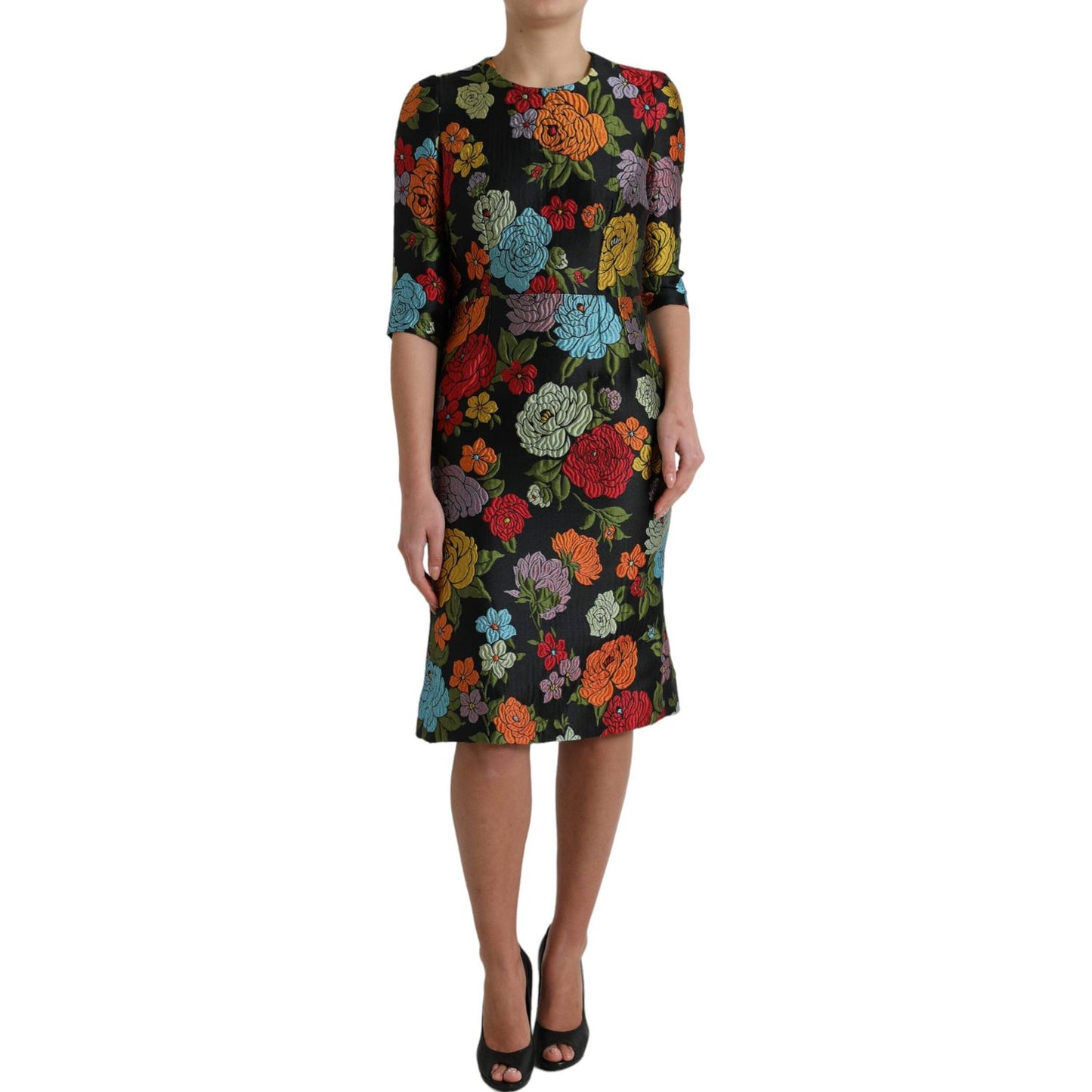Dolce & Gabbana Black Floral Embroidery Knee Length Dress DR28981-40