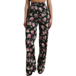 Dolce & Gabbana Black Floral Wool High Waist Wide Leg Pants PAN74959-40