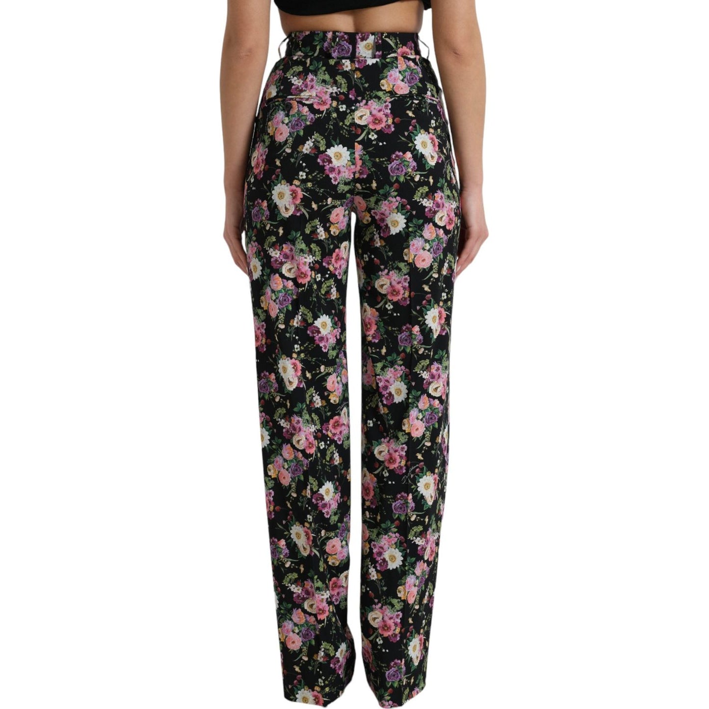 Dolce & Gabbana Black Floral Wool High Waist Wide Leg Pants PAN74959-40