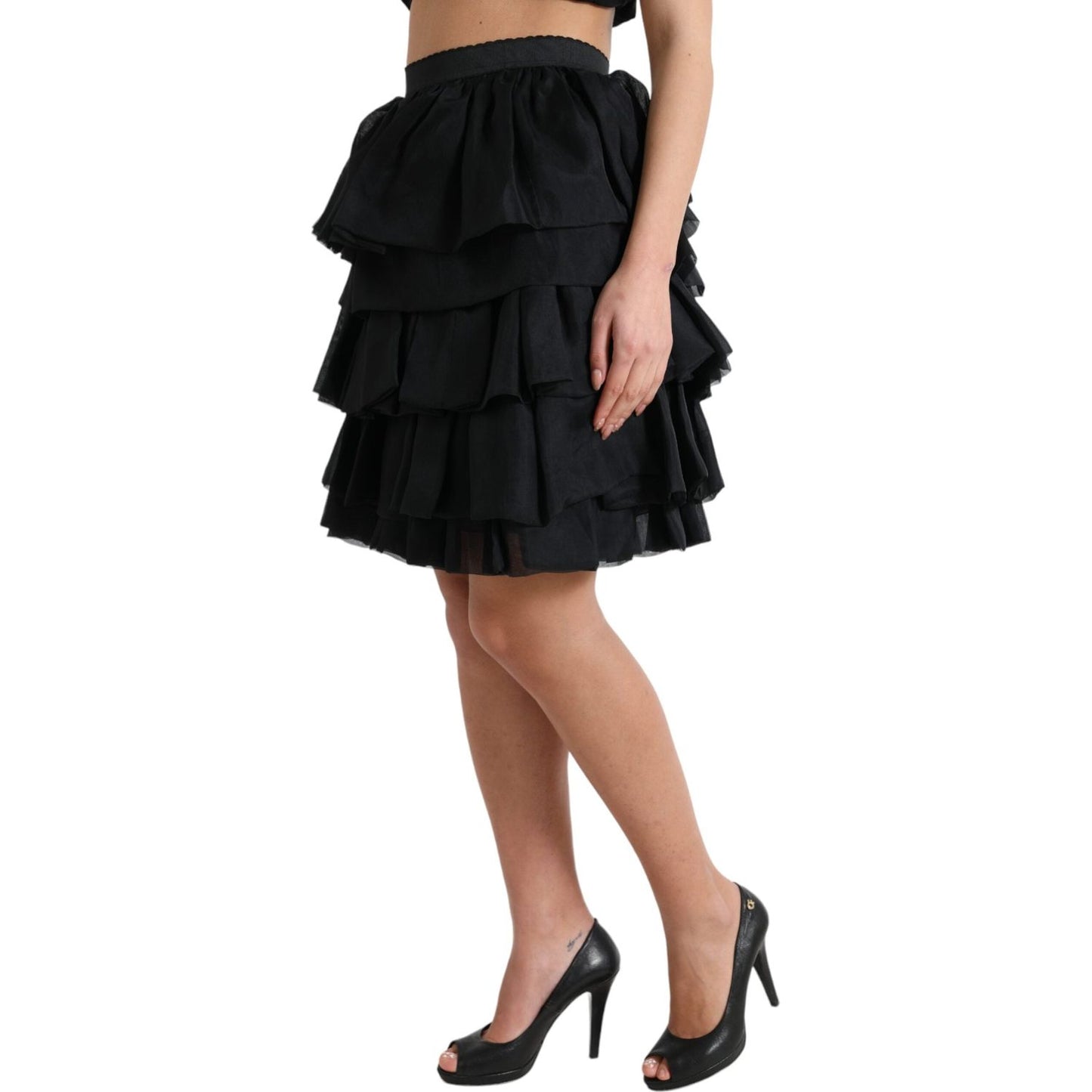 Dolce & Gabbana Black Tiered Aline High Waist Silk Mini Skirt SKI1949-40