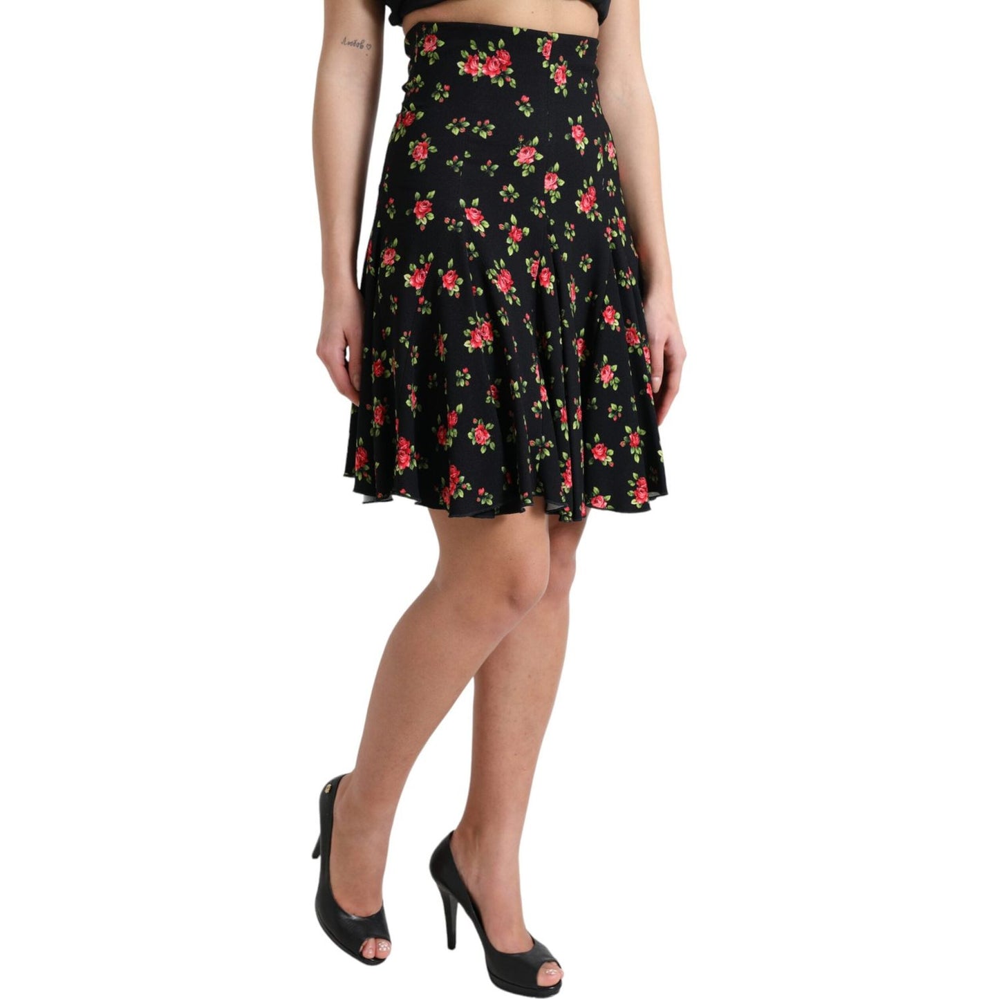 Dolce & Gabbana Black Rose Print High Waist A-line Mini Skirt SKI1950-40