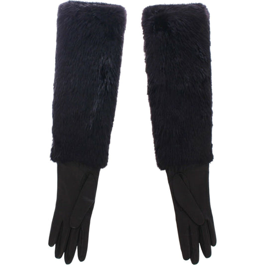 Dolce & Gabbana Black Beaver Fur Lambskin Leather Elbow Gloves