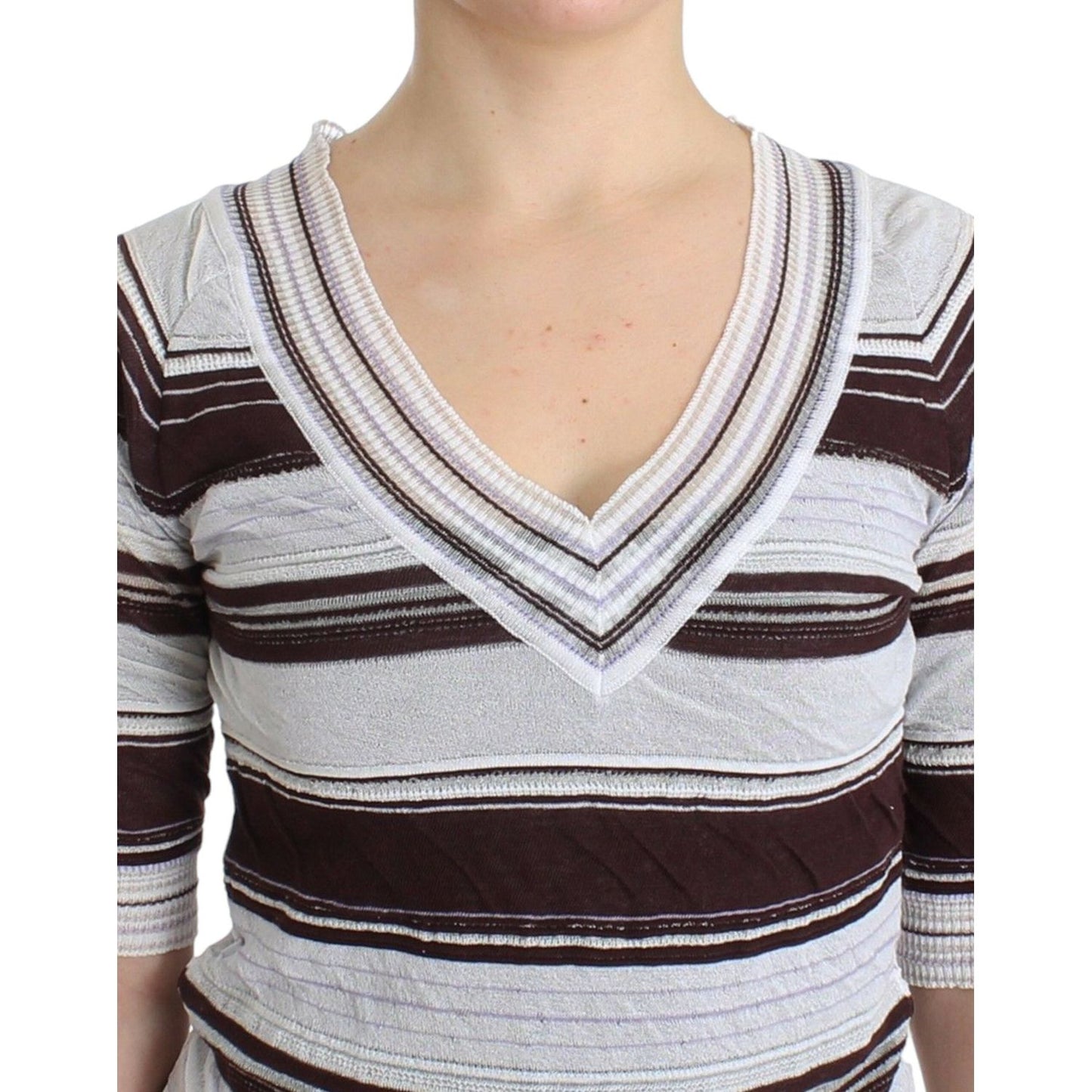 Ermanno Scervino Striped Lace V-Neck Short Sleeve Top Sweater
