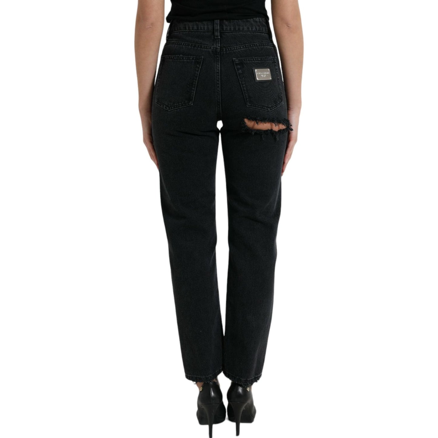 Dolce & Gabbana Black Cotton High Waist Tattered Denim Jeans PAN74988-40