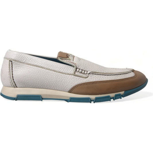 Dolce & Gabbana White Brown Leather Slip On Men Moccasin Shoes