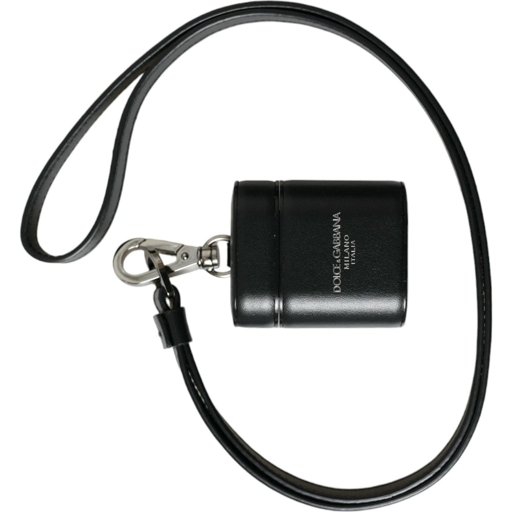 Dolce & Gabbana Black Leather Strap Silver Metal Logo Printed Airpods Case SMY101291