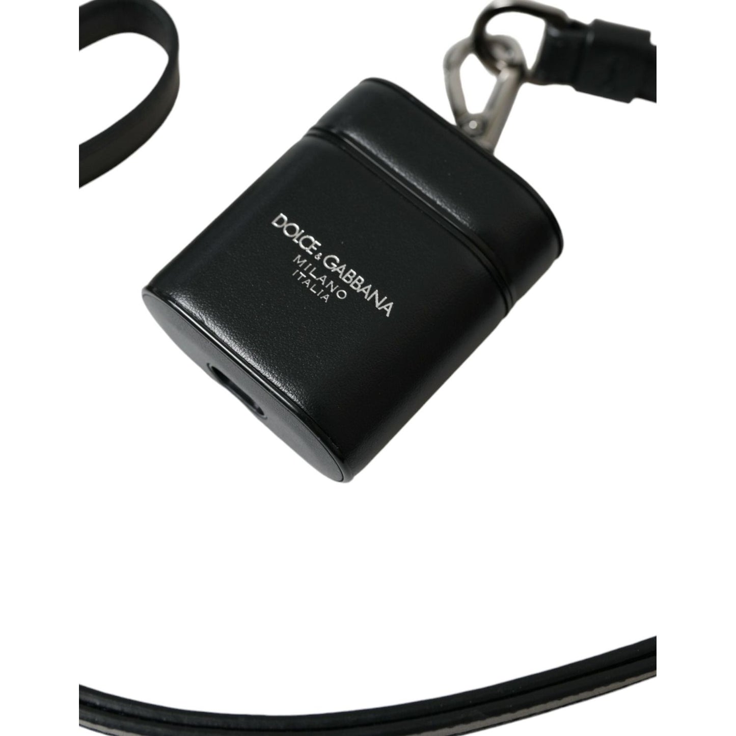 Dolce & Gabbana Black Leather Strap Silver Metal Logo Printed Airpods Case SMY101291