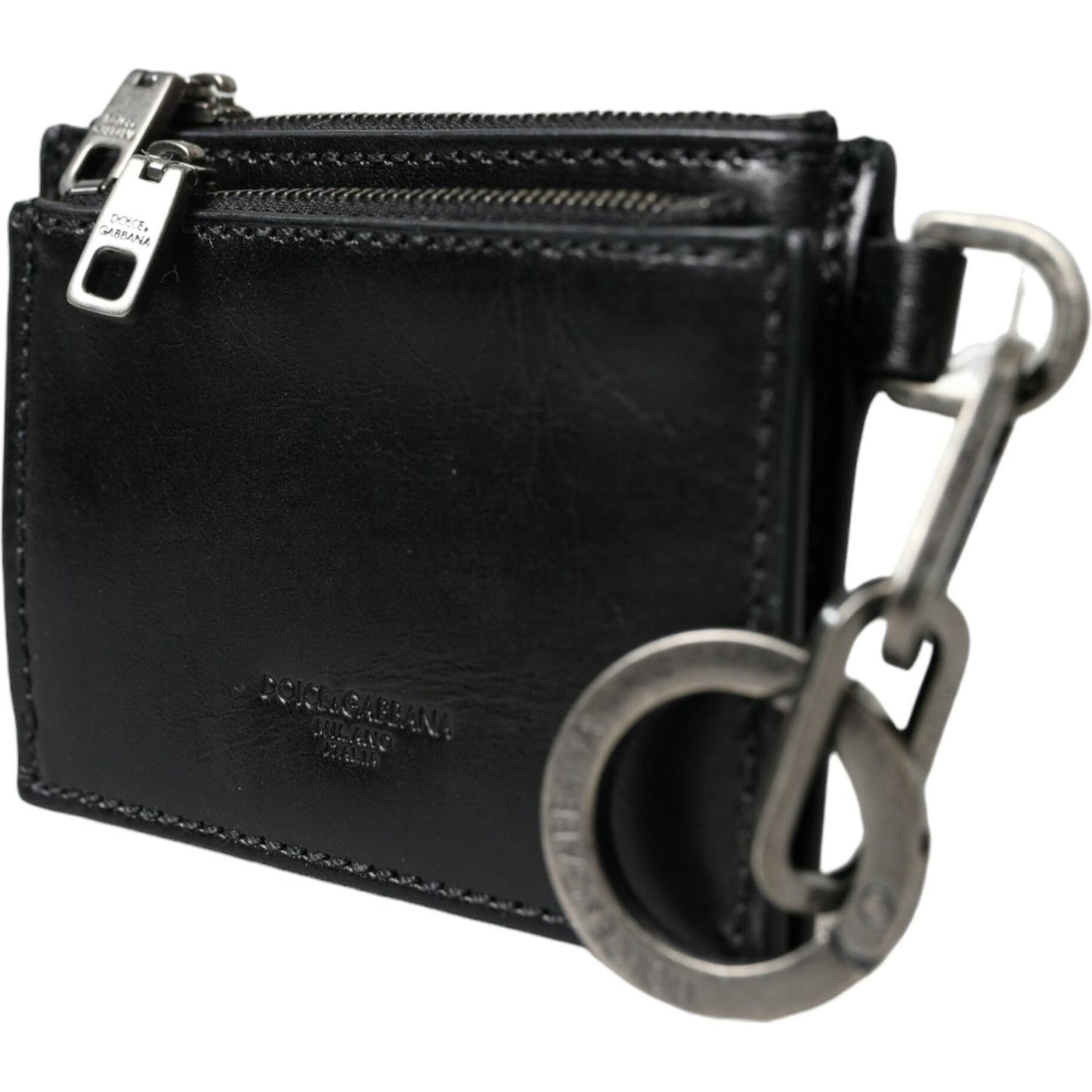 Dolce & Gabbana Black Leather Zip Logo Keyring Coin Purse Keyring Wallet SMY101292