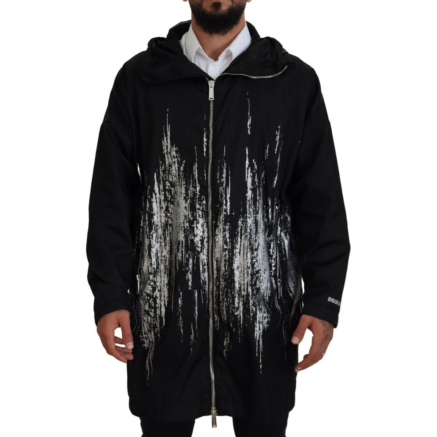 Dsquared² Black White Print Long Hooded Coat Nylon Jacket JKT3547-48